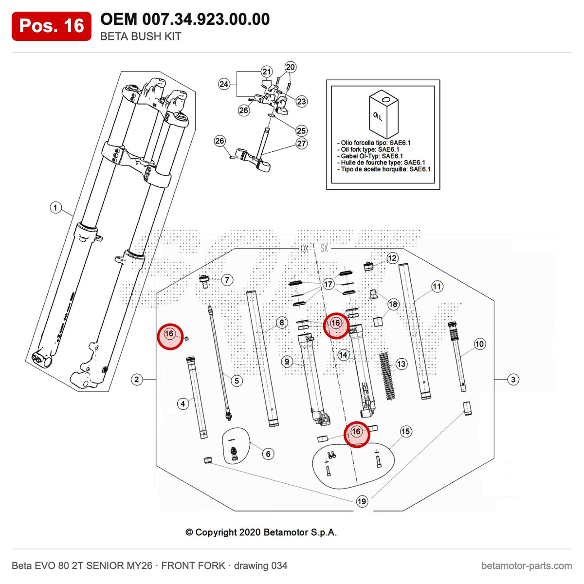 BETA BUSH KIT – OEM 007.34.923.00.00, position 16 on the Beta EVO 80 2T SENIOR MY26 front fork drawing