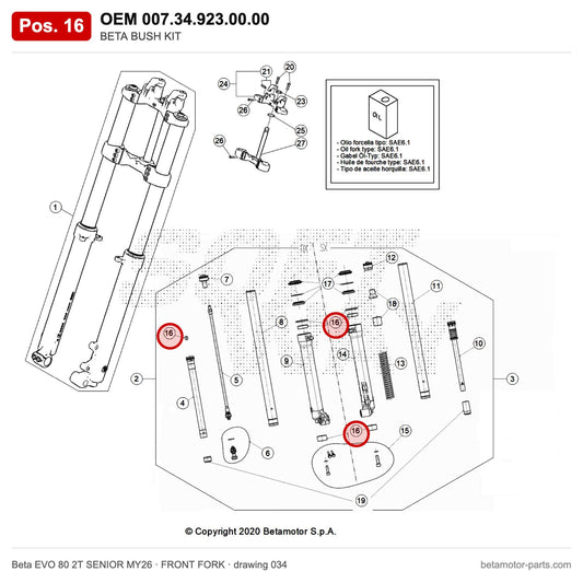 BETA BUSH KIT – OEM 007.34.923.00.00, position 16 on the Beta EVO 80 2T SENIOR MY26 front fork drawing