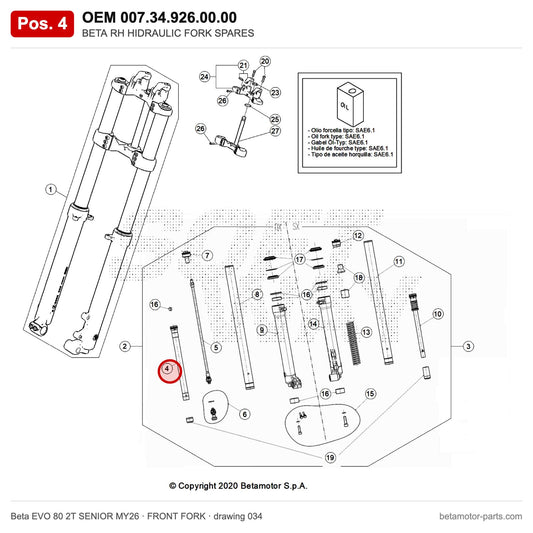 BETA RH HIDRAULIC FORK SPARES – OEM 007.34.926.00.00, position 4 on the Beta EVO 80 2T SENIOR MY26 front fork drawing