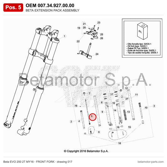 BETA EXTENSION PACK ASSEMBLY – OEM 007.34.927.00.00, position 5 on the Beta EVO 250 2T MY16 front fork drawing