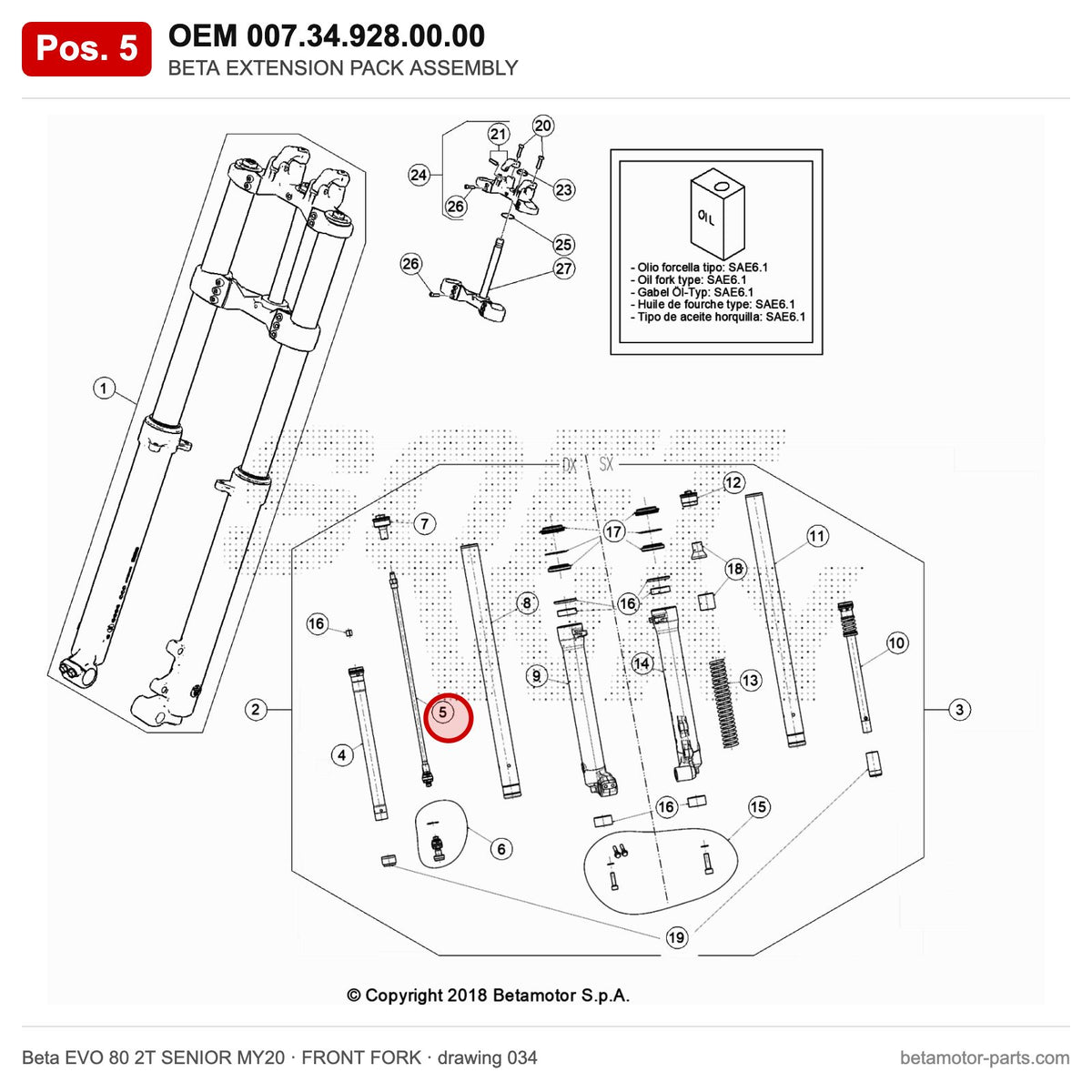 BETA EXTENSION PACK ASSEMBLY – OEM 007.34.928.00.00, position 5 on the Beta EVO 80 2T SENIOR MY20 front fork drawing