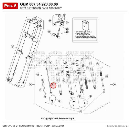 BETA EXTENSION PACK ASSEMBLY – OEM 007.34.928.00.00, position 5 on the Beta EVO 80 2T SENIOR MY20 front fork drawing