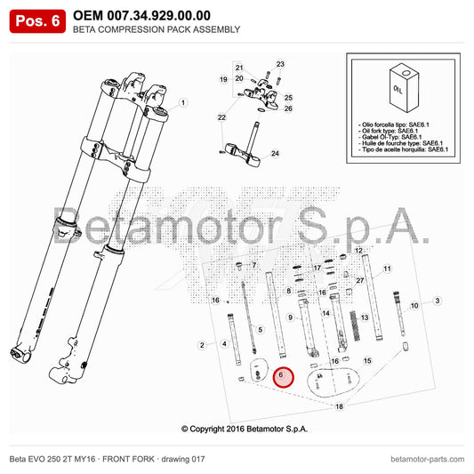 BETA COMPRESSION PACK ASSEMBLY – OEM 007.34.929.00.00, position 6 on the Beta EVO 250 2T MY16 front fork drawing