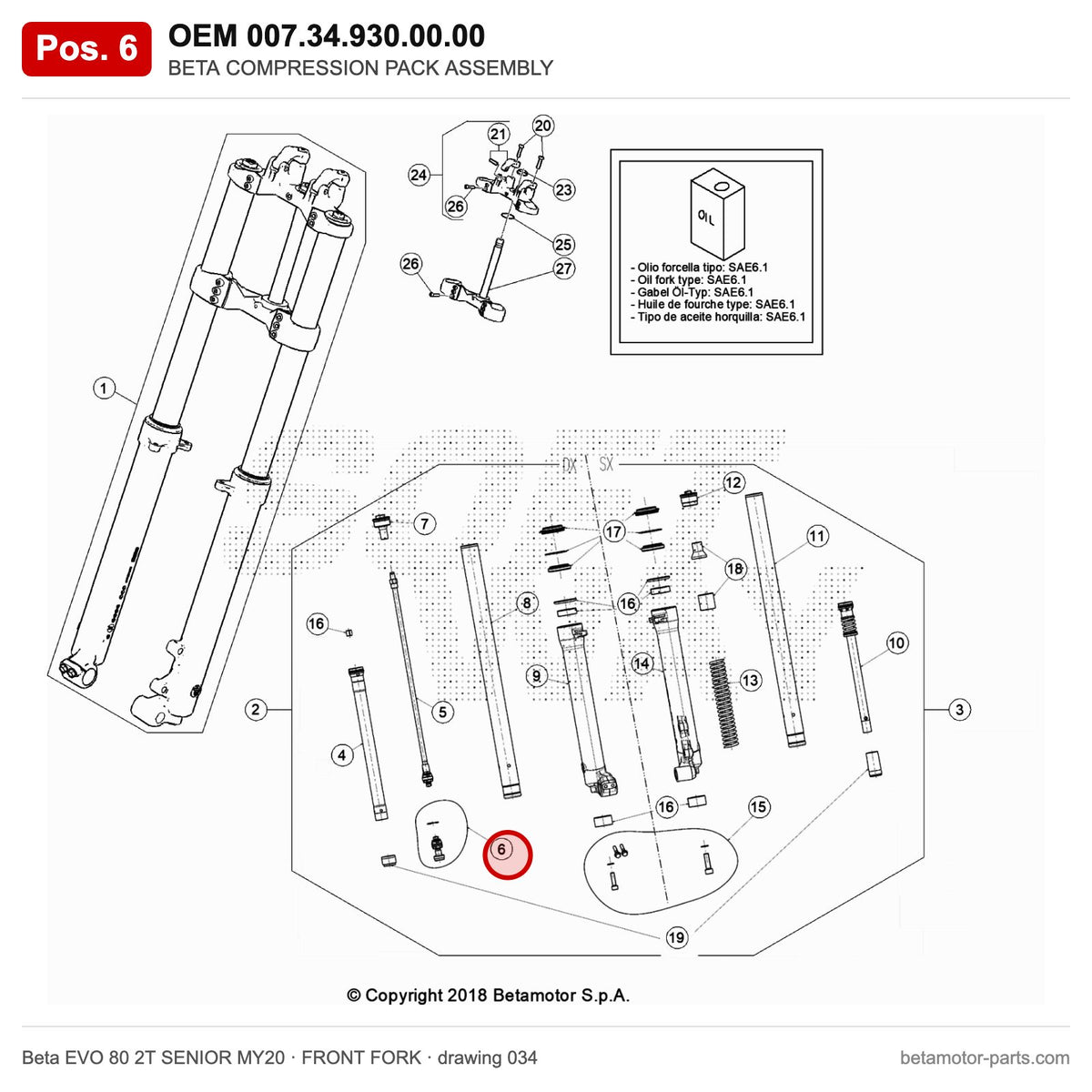 BETA COMPRESSION PACK ASSEMBLY – OEM 007.34.930.00.00, position 6 on the Beta EVO 80 2T SENIOR MY20 front fork drawing