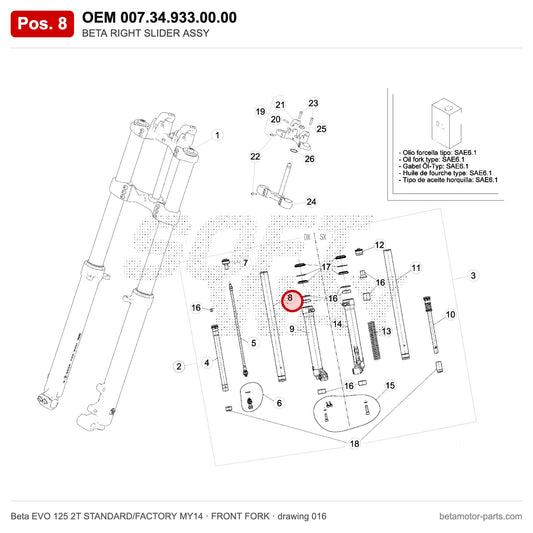 BETA RIGHT SLIDER ASSY – OEM 007.34.933.00.00, position 8 on the Beta EVO 125 2T STANDARD/FACTORY MY14 front fork drawing