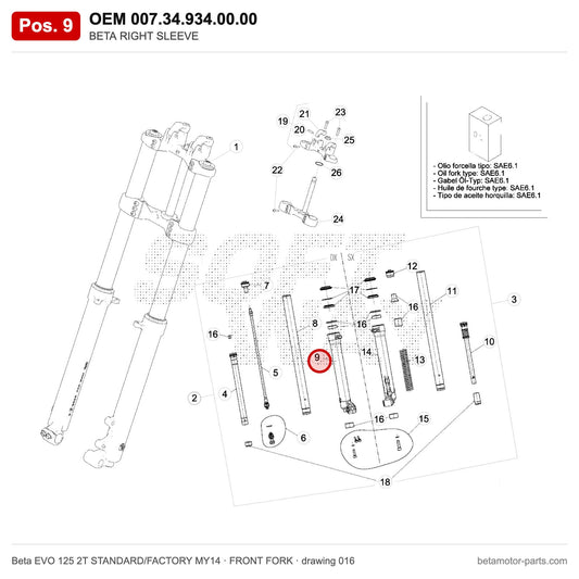 BETA RIGHT SLEEVE – OEM 007.34.934.00.00, position 9 on the Beta EVO 125 2T STANDARD/FACTORY MY14 front fork drawing