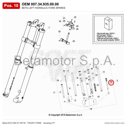 BETA LEFT HIDRAULIC FORK SPARES – OEM 007.34.935.00.00, position 10 on the Beta EVO 250 2T MY16 front fork drawing