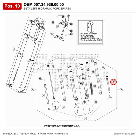BETA LEFT HIDRAULIC FORK SPARES – OEM 007.34.936.00.00, position 10 on the Beta EVO 80 2T SENIOR MY20 front fork drawing