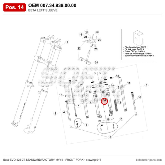 BETA LEFT SLEEVE – OEM 007.34.939.00.00, position 14 on the Beta EVO 125 2T STANDARD/FACTORY MY14 front fork drawing