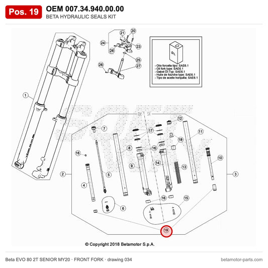 BETA HYDRAULIC SEALS KIT – OEM 007.34.940.00.00, position 19 on the Beta EVO 80 2T SENIOR MY20 front fork drawing