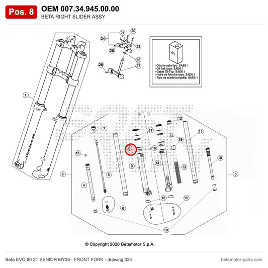 BETA RIGHT SLIDER ASSY – OEM 007.34.945.00.00, position 8 on the Beta EVO 80 2T SENIOR MY26 front fork drawing