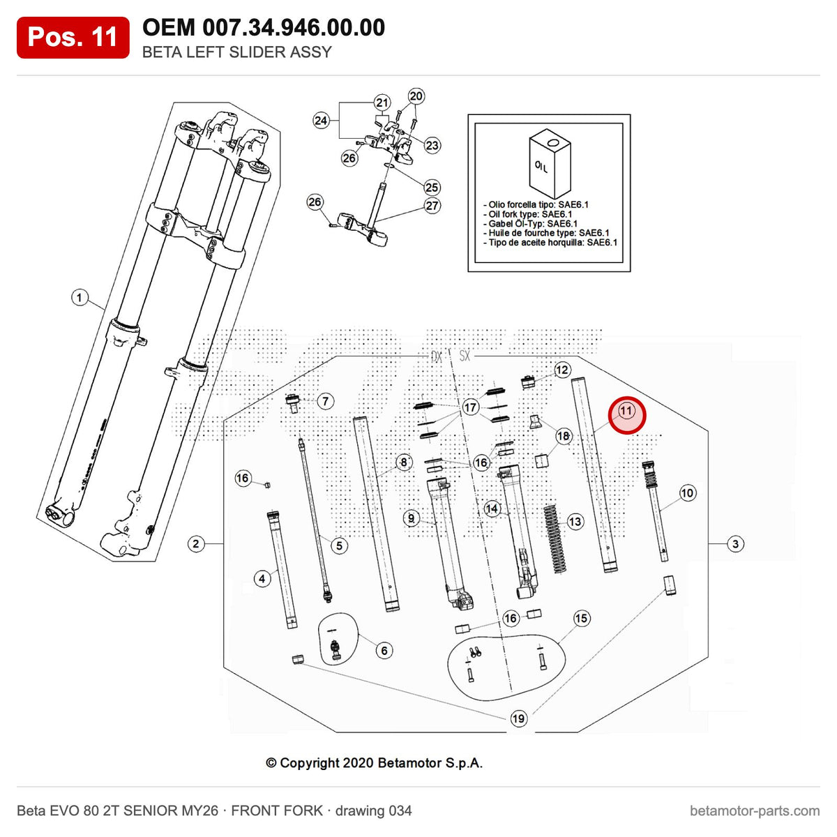 BETA LEFT SLIDER ASSY – OEM 007.34.946.00.00, position 11 on the Beta EVO 80 2T SENIOR MY26 front fork drawing