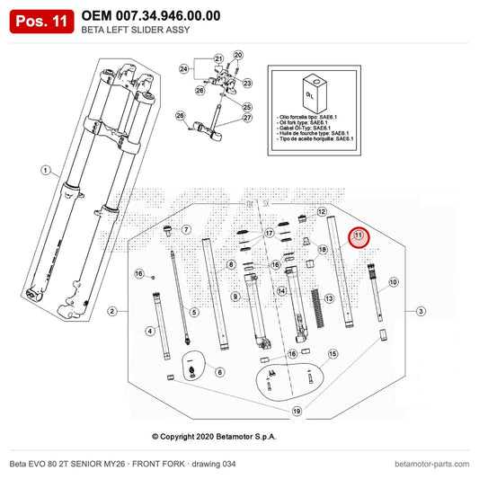 BETA LEFT SLIDER ASSY – OEM 007.34.946.00.00, position 11 on the Beta EVO 80 2T SENIOR MY26 front fork drawing