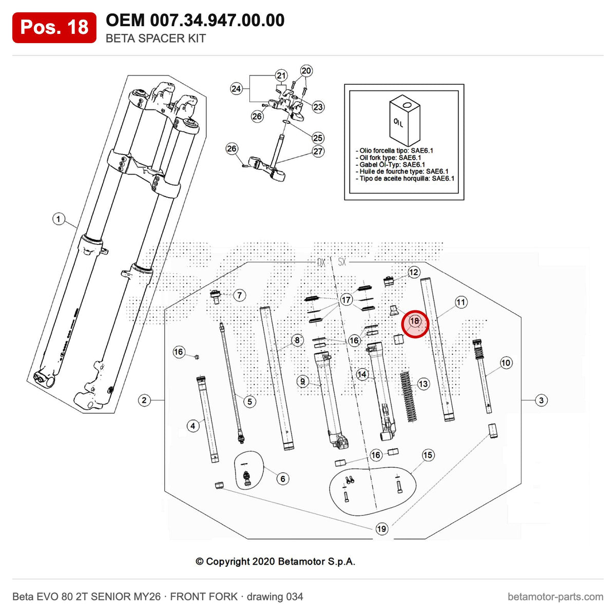 BETA SPACER KIT – OEM 007.34.947.00.00, position 18 on the Beta EVO 80 2T SENIOR MY26 front fork drawing