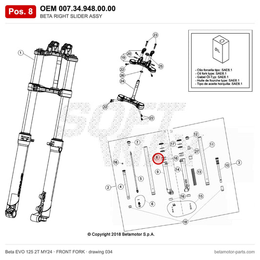 BETA RIGHT SLIDER ASSY – OEM 007.34.948.00.00, position 8 on the Beta EVO 125 2T MY24 front fork drawing