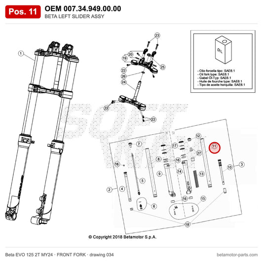 BETA LEFT SLIDER ASSY – OEM 007.34.949.00.00, position 11 on the Beta EVO 125 2T MY24 front fork drawing