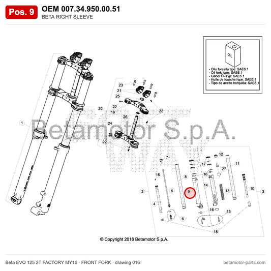 BETA RIGHT SLEEVE – OEM 007.34.950.00.51, position 9 on the Beta EVO 125 2T FACTORY MY16 front fork drawing