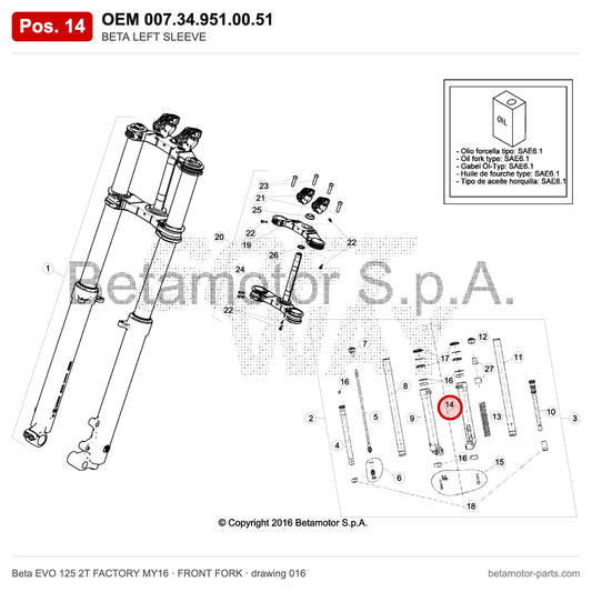 BETA LEFT SLEEVE – OEM 007.34.951.00.51, position 14 on the Beta EVO 125 2T FACTORY MY16 front fork drawing