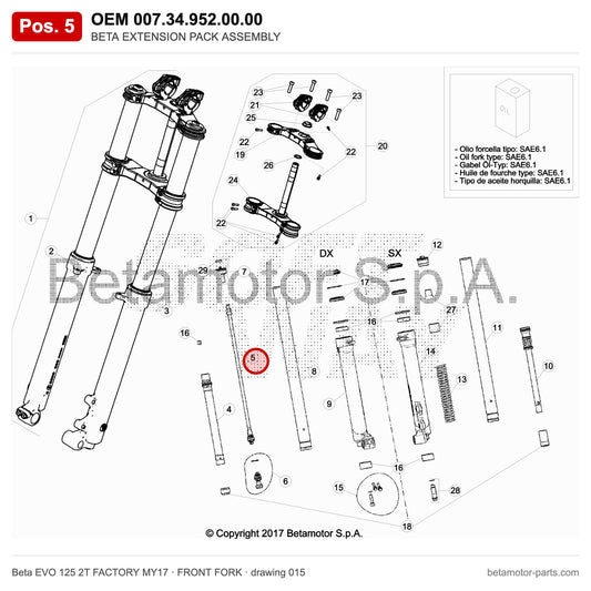 BETA EXTENSION PACK ASSEMBLY – OEM 007.34.952.00.00, position 5 on the Beta EVO 125 2T FACTORY MY17 front fork drawing