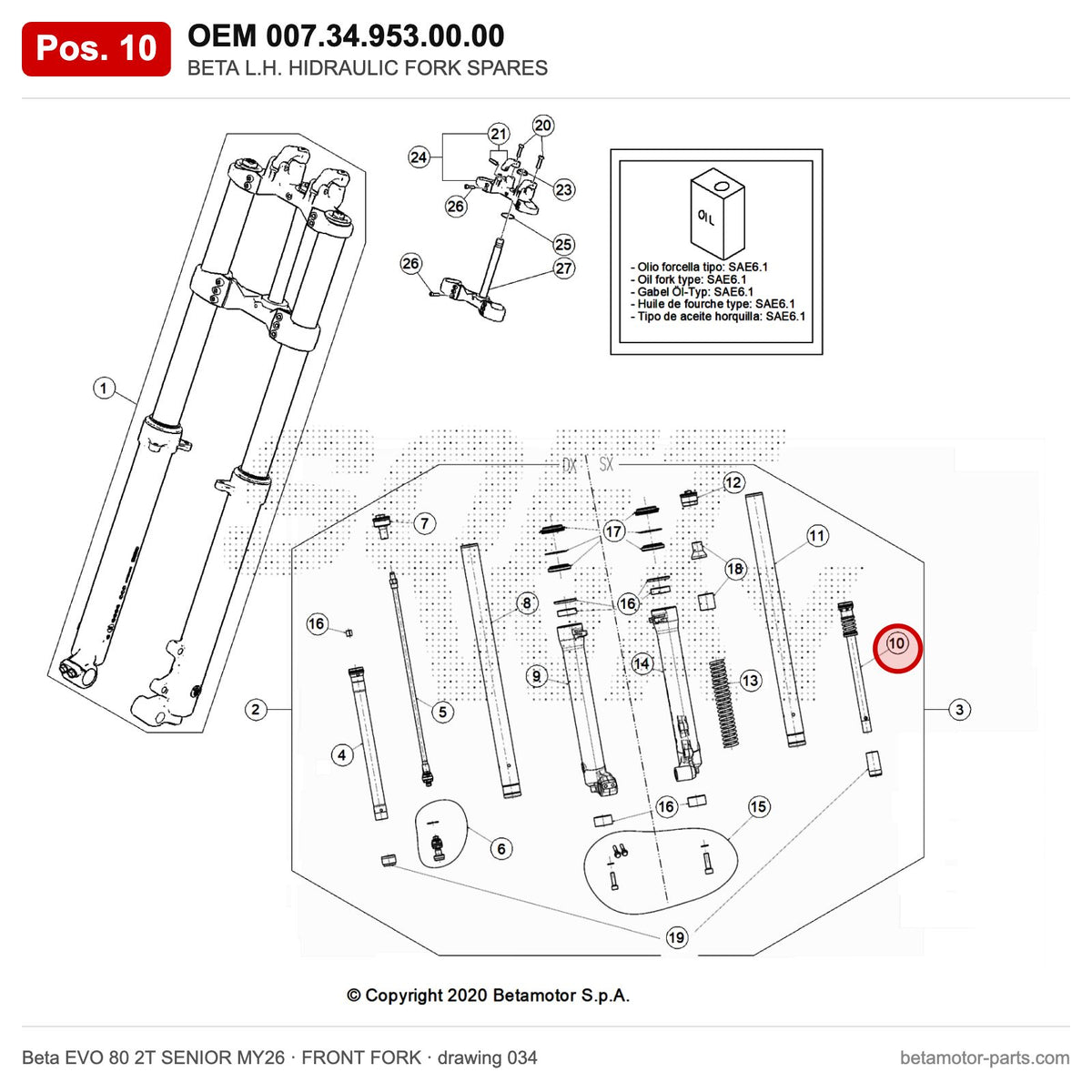 BETA L.H. HIDRAULIC FORK SPARES – OEM 007.34.953.00.00, position 10 on the Beta EVO 80 2T SENIOR MY26 front fork drawing