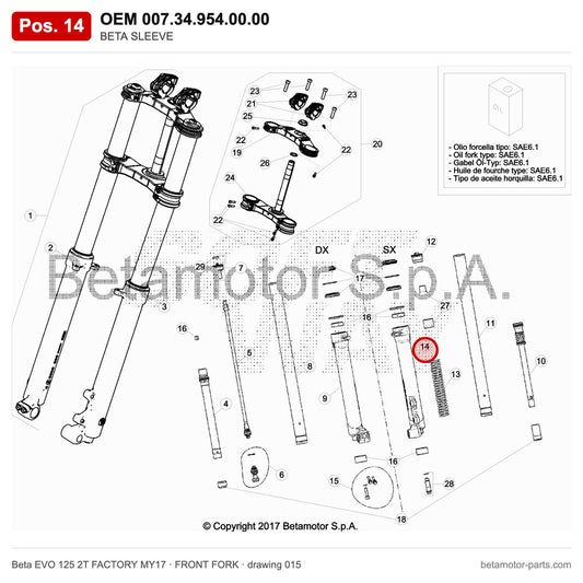 BETA SLEEVE – OEM 007.34.954.00.00, position 14 on the Beta EVO 125 2T FACTORY MY17 front fork drawing