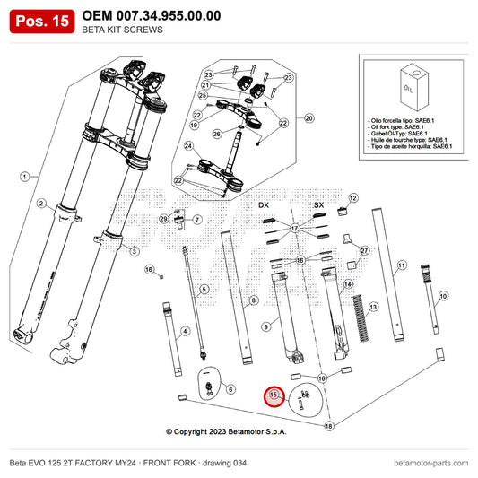 BETA KIT SCREWS – OEM 007.34.955.00.00, position 15 on the Beta EVO 125 2T FACTORY MY24 front fork drawing