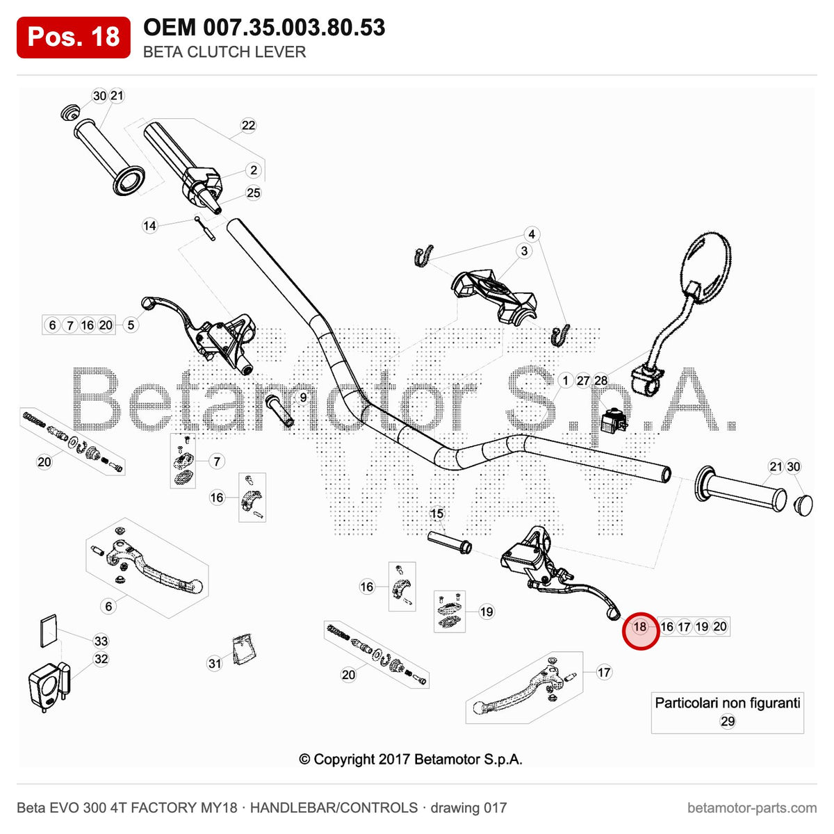 BETA CLUTCH LEVER – OEM 007.35.003.80.53, position 18 on the Beta EVO 300 4T FACTORY MY18 handlebar/controls drawing