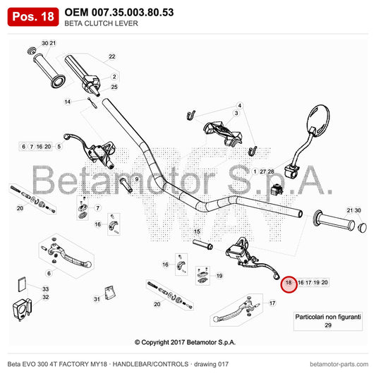 BETA CLUTCH LEVER – OEM 007.35.003.80.53, position 18 on the Beta EVO 300 4T FACTORY MY18 handlebar/controls drawing