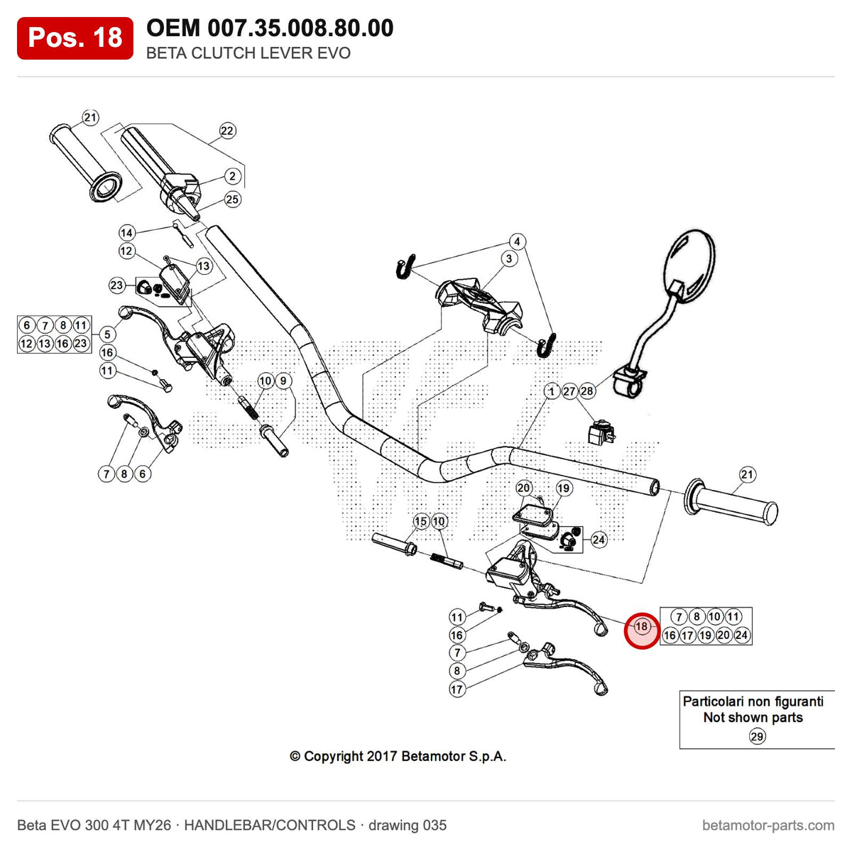 BETA CLUTCH LEVER EVO – OEM 007.35.008.80.00, position 18 on the Beta EVO 300 4T MY26 handlebar/controls drawing