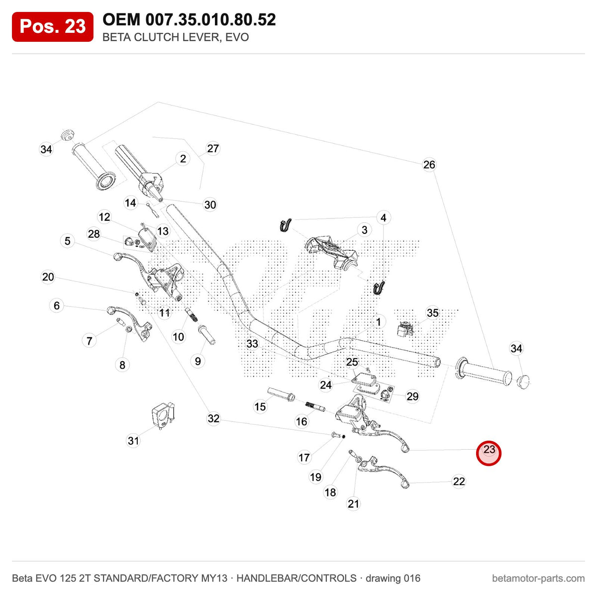 BETA CLUTCH LEVER, EVO – OEM 007.35.010.80.52, position 23 on the Beta EVO 125 2T STANDARD/FACTORY MY13 handlebar/controls drawing