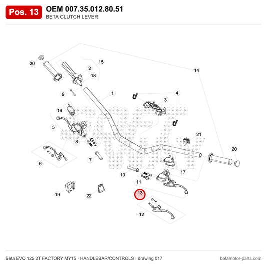 BETA CLUTCH LEVER – OEM 007.35.012.80.51, position 13 on the Beta EVO 125 2T FACTORY MY15 handlebar/controls drawing