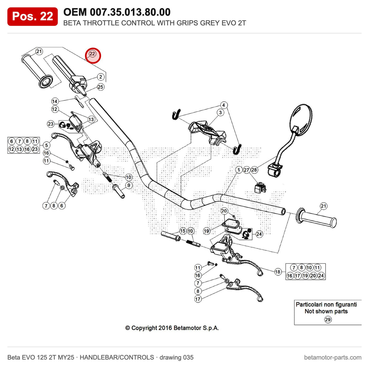 BETA THROTTLE CONTROL WITH GRIPS GREY EVO 2T – OEM 007.35.013.80.00, position 22 on the Beta EVO 125 2T MY25 handlebar/controls drawing