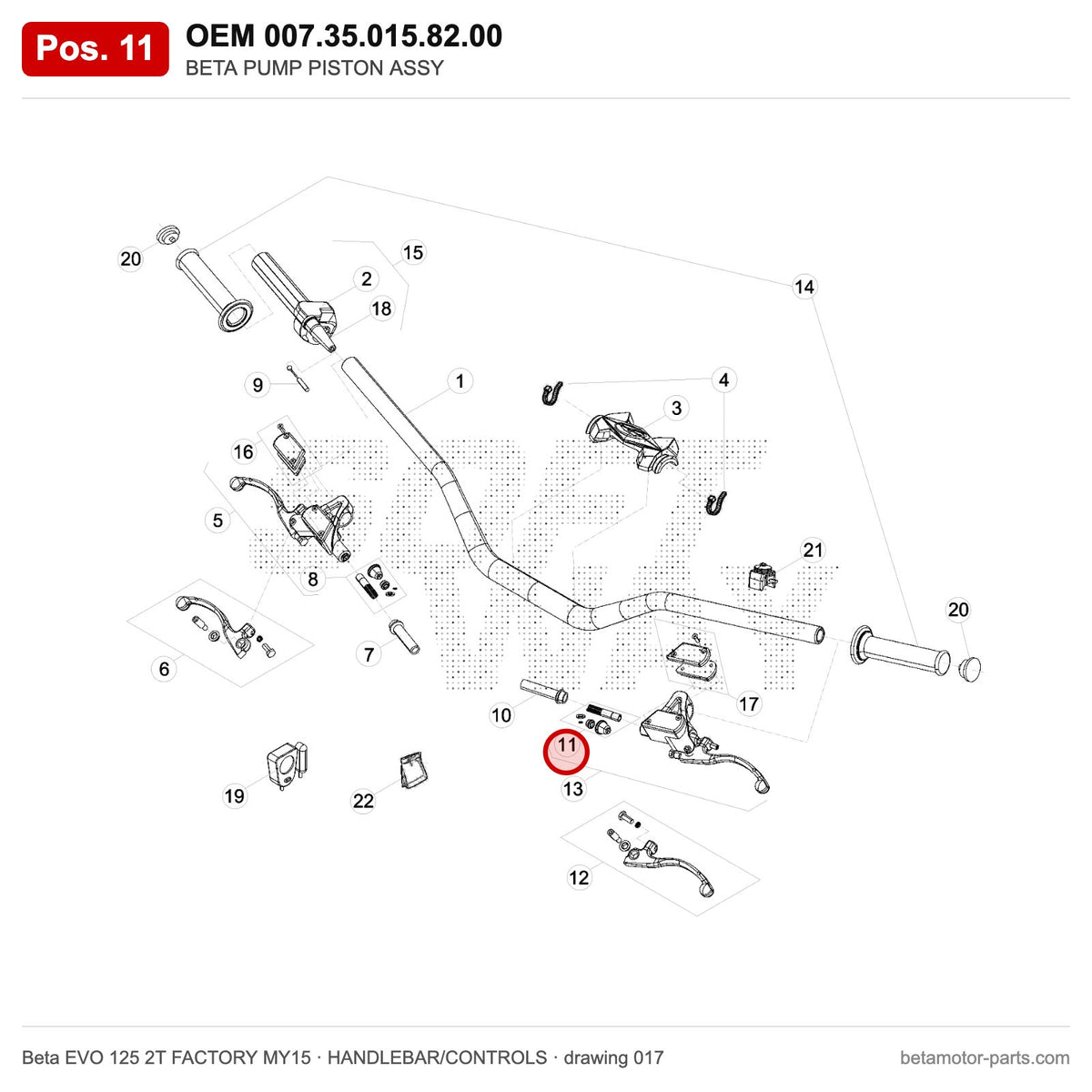 BETA PUMP PISTON ASSY – OEM 007.35.015.82.00, position 11 on the Beta EVO 125 2T FACTORY MY15 handlebar/controls drawing