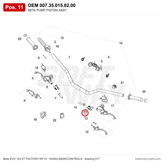 BETA PUMP PISTON ASSY – OEM 007.35.015.82.00, position 11 on the Beta EVO 125 2T FACTORY MY15 handlebar/controls drawing