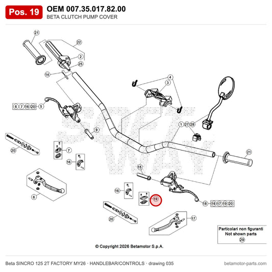BETA CLUTCH PUMP COVER – OEM 007.35.017.82.00, position 19 on the Beta SINCRO 125 2T FACTORY MY26 handlebar/controls drawing