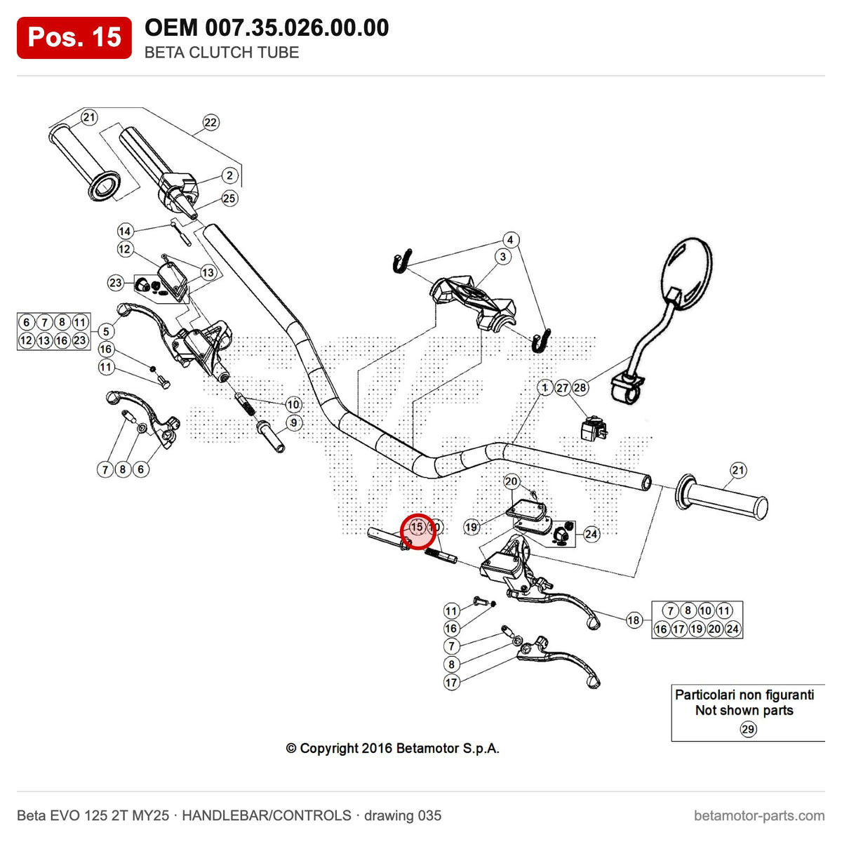BETA CLUTCH TUBE – OEM 007.35.026.00.00, position 15 on the Beta EVO 125 2T MY25 handlebar/controls drawing
