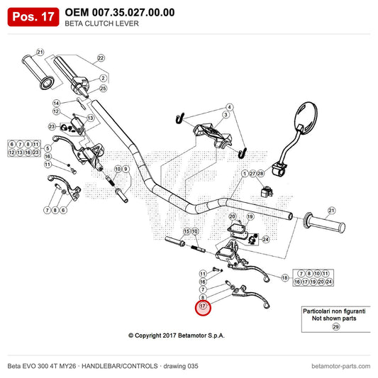 BETA CLUTCH LEVER – OEM 007.35.027.00.00, position 17 on the Beta EVO 300 4T MY26 handlebar/controls drawing