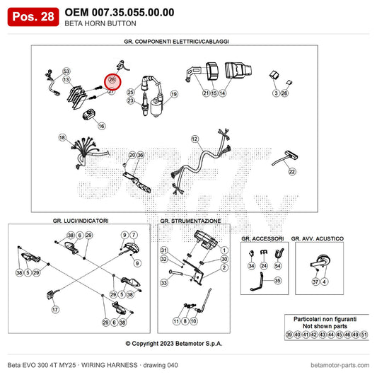 BETA HORN BUTTON – OEM 007.35.055.00.00, position 28 on the Beta EVO 300 4T MY25 wiring harness drawing