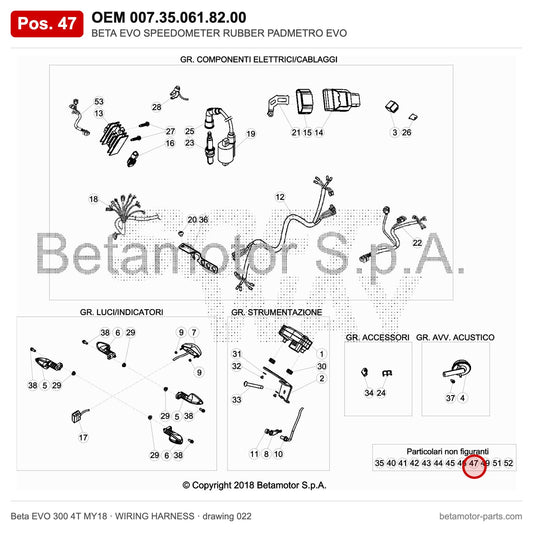 BETA EVO SPEEDOMETER RUBBER PADMETRO EVO – OEM 007.35.061.82.00, position 47 on the Beta EVO 300 4T MY18 wiring harness drawing