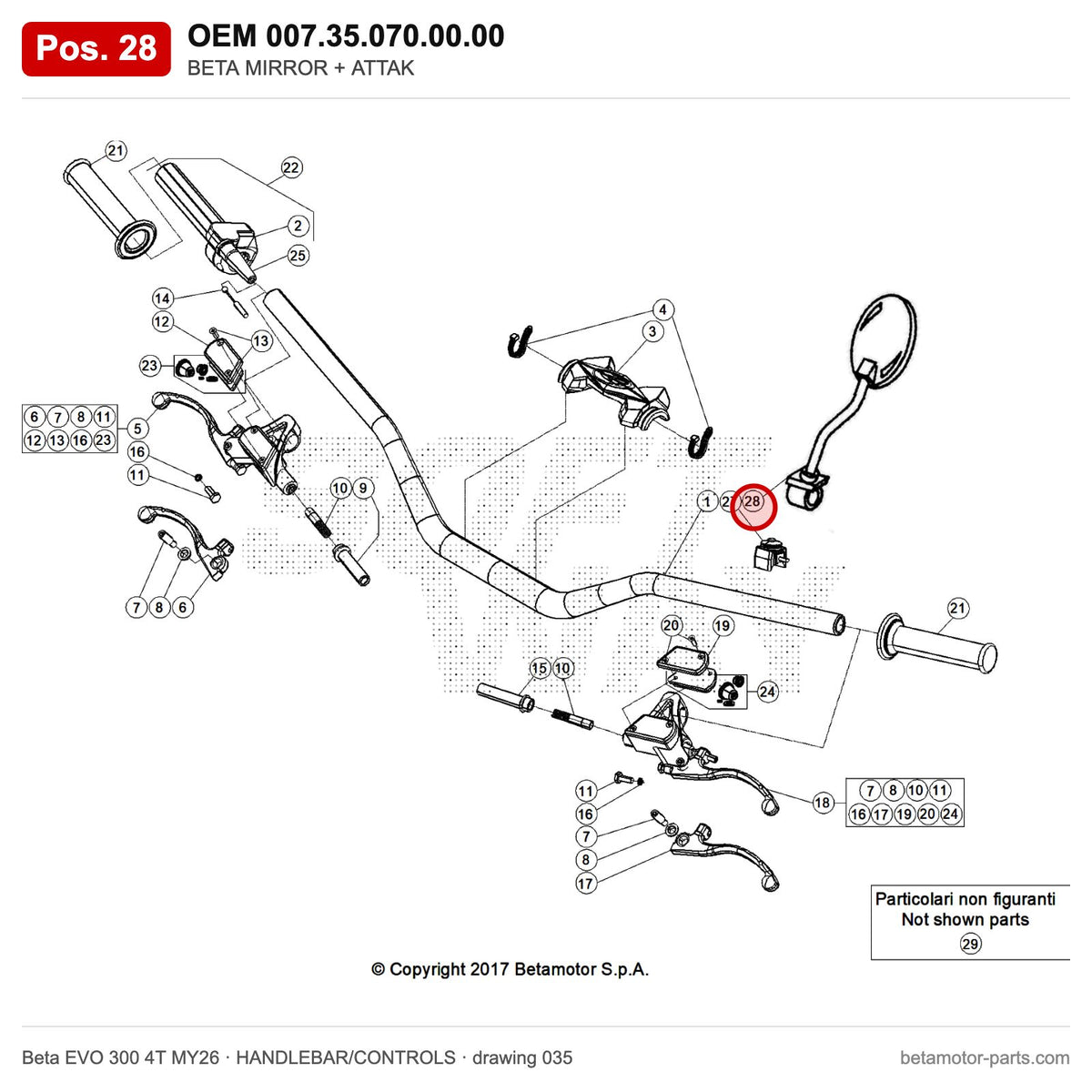 BETA MIRROR + ATTAK – OEM 007.35.070.00.00, position 28 on the Beta EVO 300 4T MY26 handlebar/controls drawing