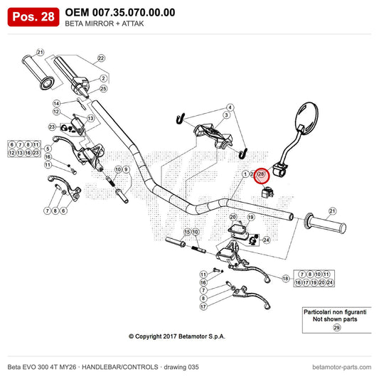 BETA MIRROR + ATTAK – OEM 007.35.070.00.00, position 28 on the Beta EVO 300 4T MY26 handlebar/controls drawing