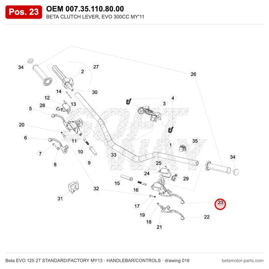 BETA CLUTCH LEVER, EVO 300CC MY'11 – OEM 007.35.110.80.00, position 23 on the Beta EVO 125 2T STANDARD/FACTORY MY13 handlebar/controls drawing