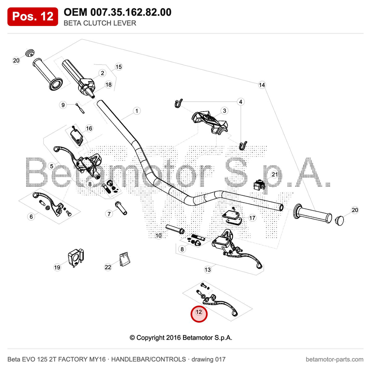 BETA CLUTCH LEVER – OEM 007.35.162.82.00, position 12 on the Beta EVO 125 2T FACTORY MY16 handlebar/controls drawing