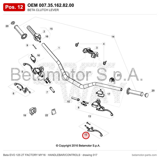 BETA CLUTCH LEVER – OEM 007.35.162.82.00, position 12 on the Beta EVO 125 2T FACTORY MY16 handlebar/controls drawing