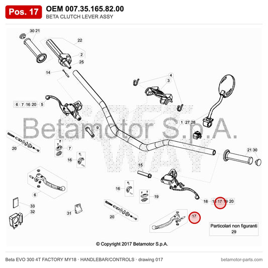 BETA CLUTCH LEVER ASSY – OEM 007.35.165.82.00, position 17 on the Beta EVO 300 4T FACTORY MY18 handlebar/controls drawing