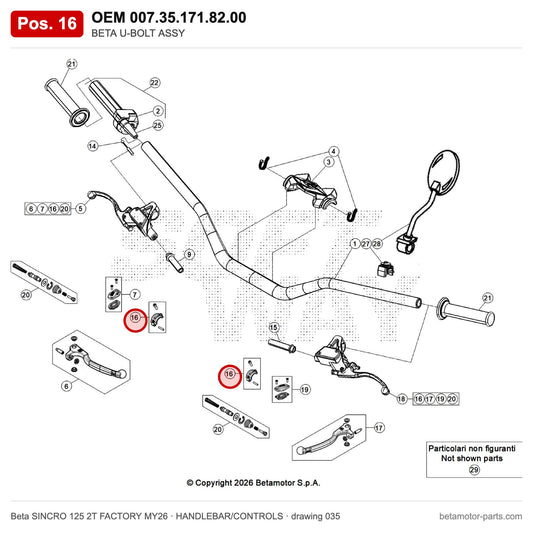 BETA U-BOLT ASSY – OEM 007.35.171.82.00, position 16 on the Beta SINCRO 125 2T FACTORY MY26 handlebar/controls drawing