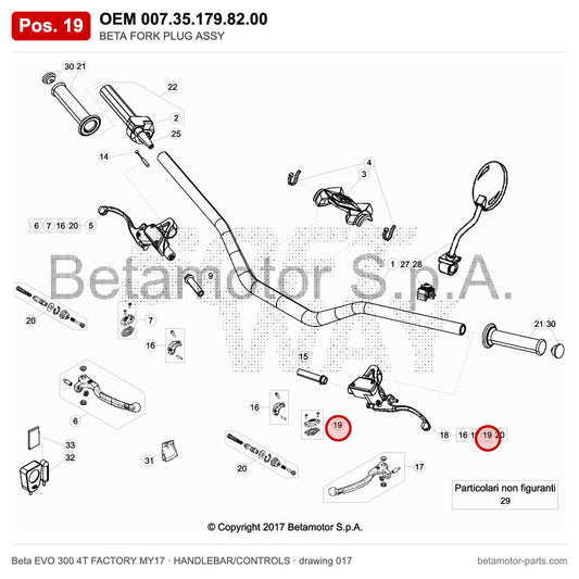 BETA FORK PLUG ASSY – OEM 007.35.179.82.00, position 19 on the Beta EVO 300 4T FACTORY MY17 handlebar/controls drawing