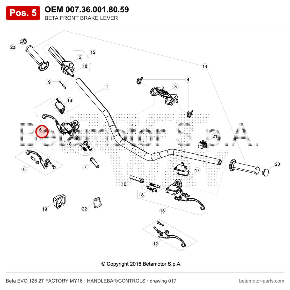 BETA FRONT BRAKE LEVER – OEM 007.36.001.80.59, position 5 on the Beta EVO 125 2T FACTORY MY16 handlebar/controls drawing
