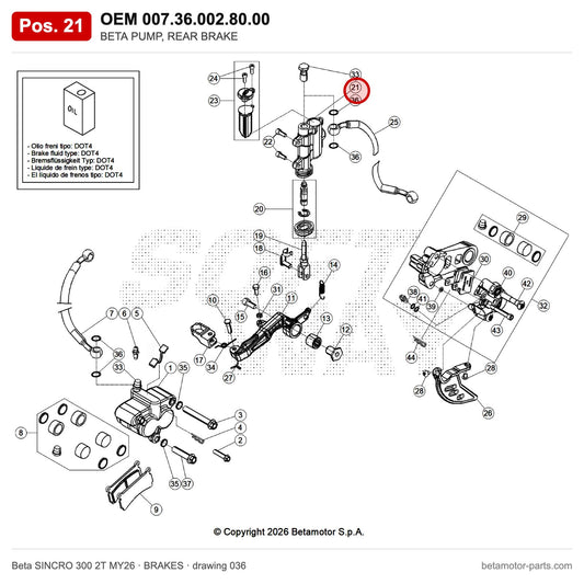 BETA PUMP, REAR BRAKE – OEM 007.36.002.80.00, position 21 on the Beta SINCRO 300 2T MY26 brakes drawing