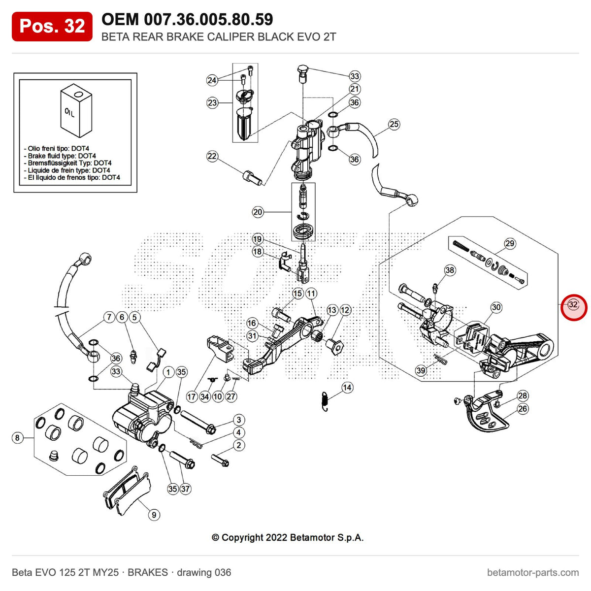 BETA REAR BRAKE CALIPER BLACK EVO 2T – OEM 007.36.005.80.59, position 32 on the Beta EVO 125 2T MY25 brakes drawing